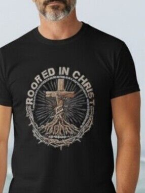 Access - NWOT. Black Short Sleeves, Tee Shirt, Graphic Print-"Rooted In Christ".